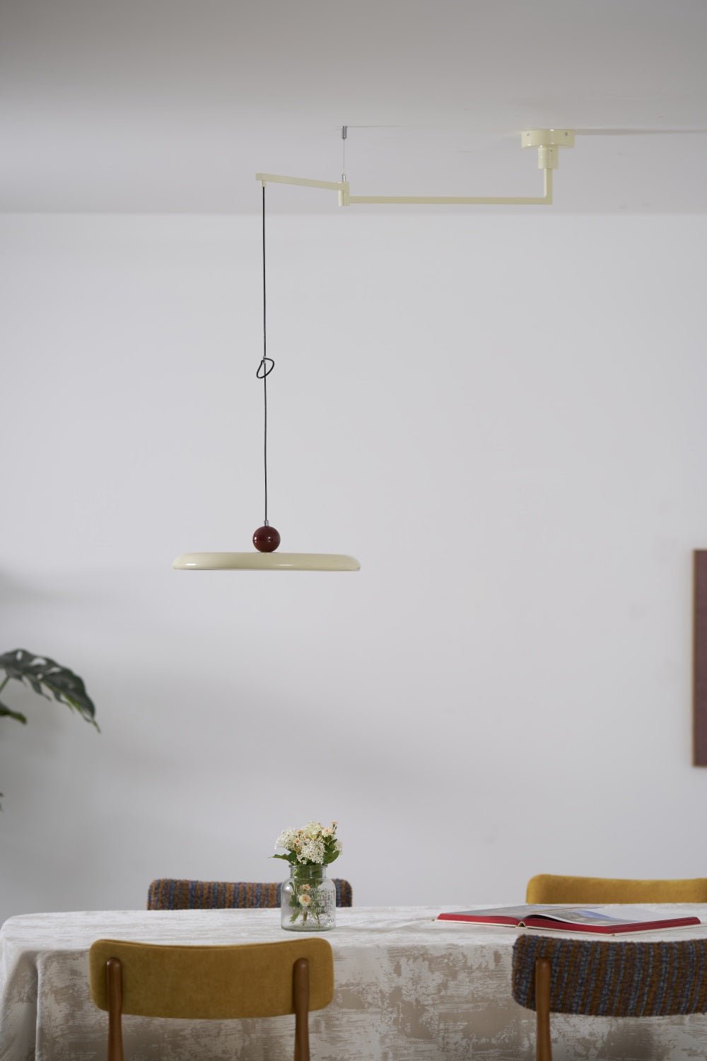 Mid-Century Swing Hanglamp — Kinetisch Design met Zwevende Schijf & Contragewicht | Verstelbare Armlamp voor Moderne Eetkamers en Creatieve Werkruimtes | Integrale LED | Sansoti