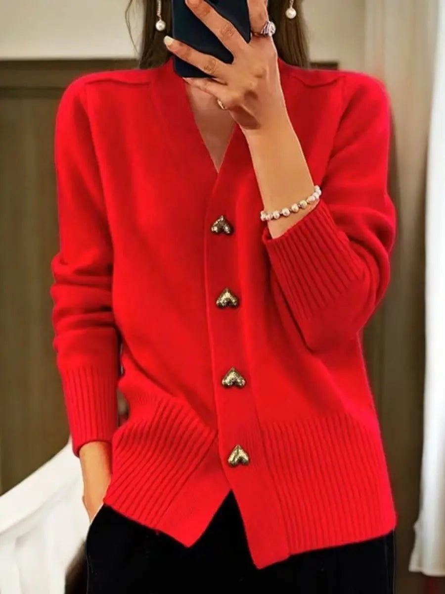 Gilet femme en maille à col en V et boutons décoratifs en forme de cœur | Gilet extra-long à manches longues et coupe ajustée | Sansoti