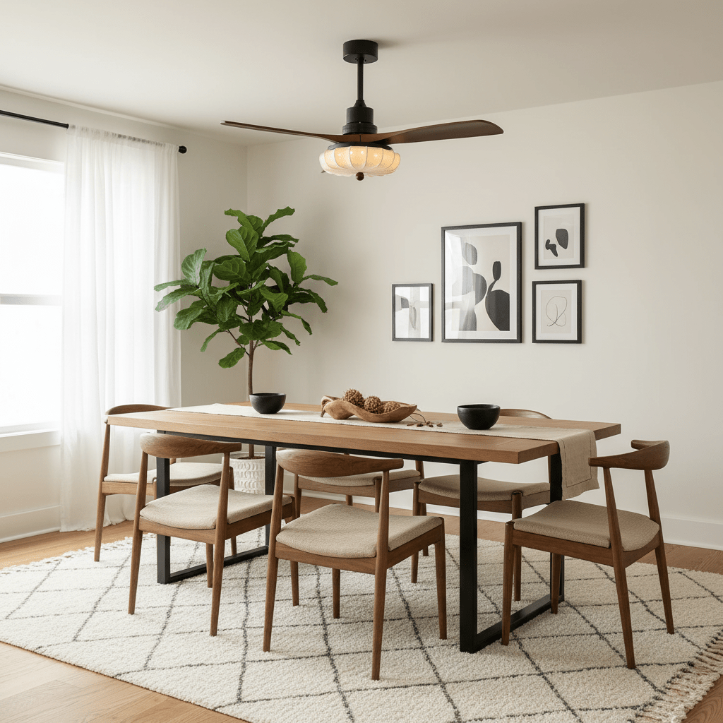 Plafondventilator met Verlichting – DC-Motor – Lotus-Dessin Katoenen Kap – Walnoothouten Bladen – Regelbaar & Omkeerbaar | Sansoti