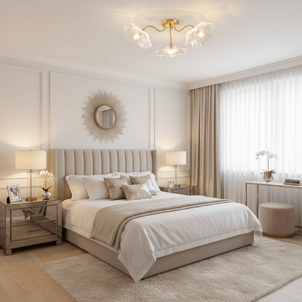 Glazen Plafondlamp met Bladmotief – 3, 5 of 6 Lichtpunten – Gouden Armatuur met Helder of Roze Matglas | Sansoti