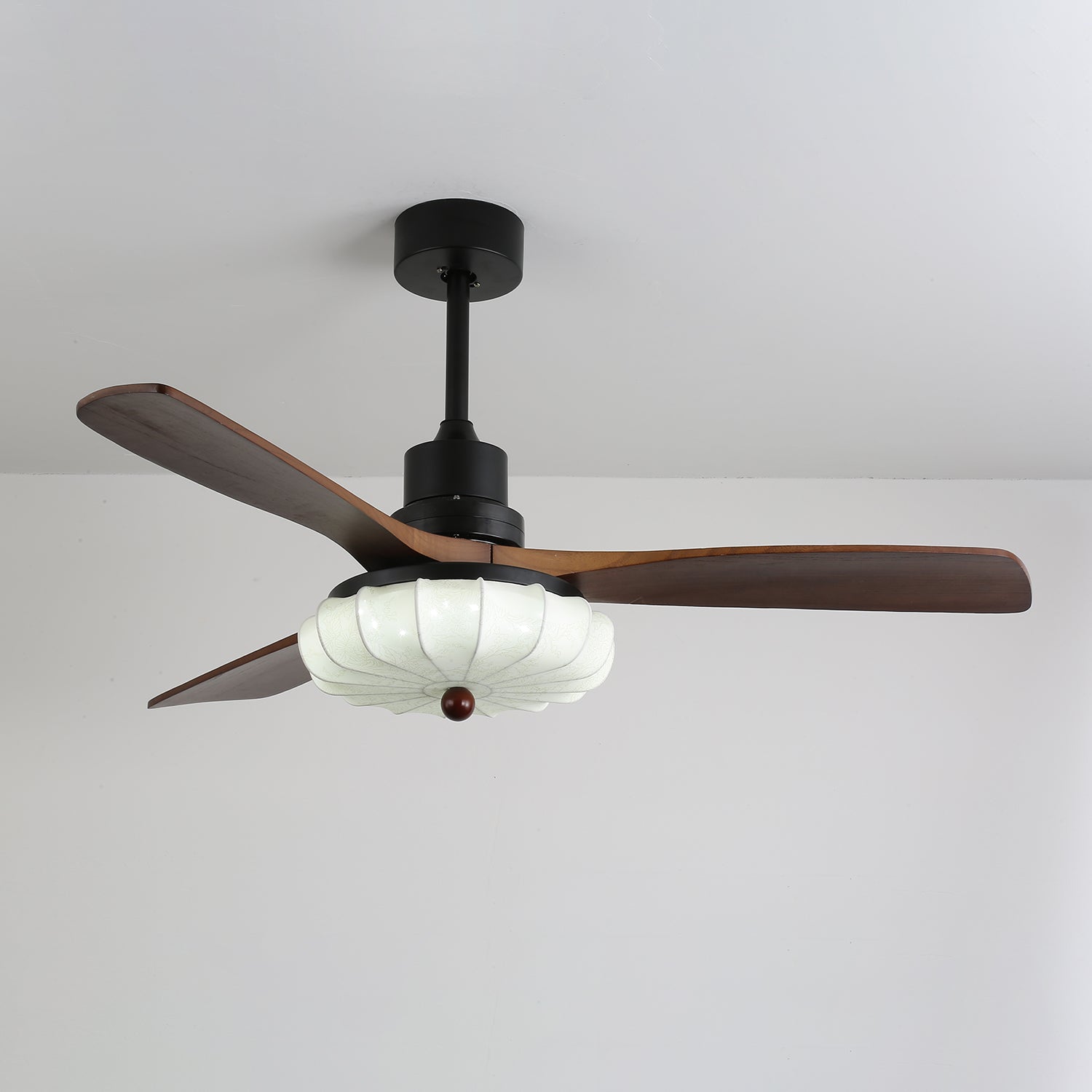 Ceiling Fan with Lighting Vintage Glass Shade Wooden Blades 91-132cm | Sansoti