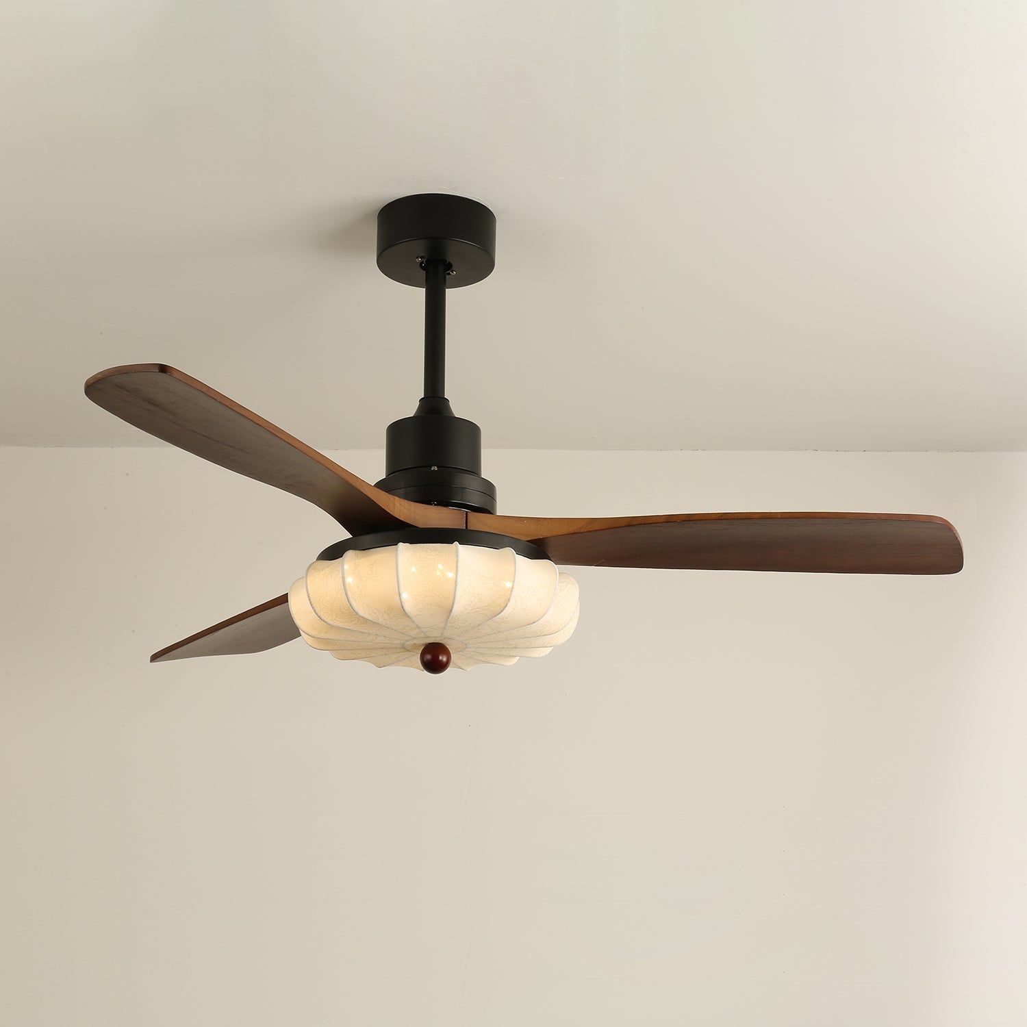 Ceiling Fan with Lighting Vintage Glass Shade Wooden Blades 91-132cm | Sansoti