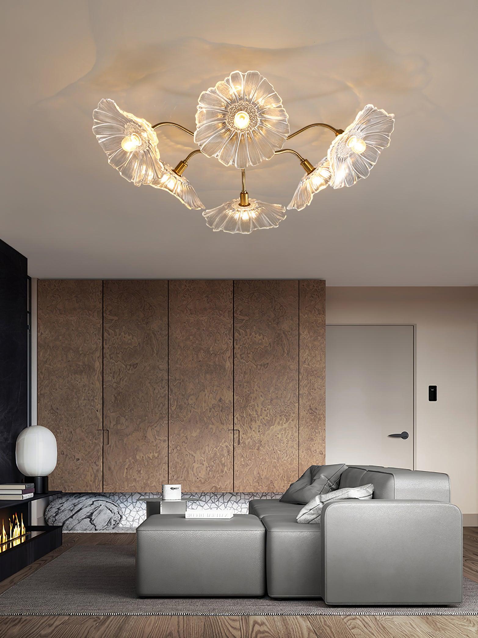 Glazen Plafondlamp met Bladmotief – 3, 5 of 6 Lichtpunten – Gouden Armatuur met Helder of Roze Matglas | Sansoti