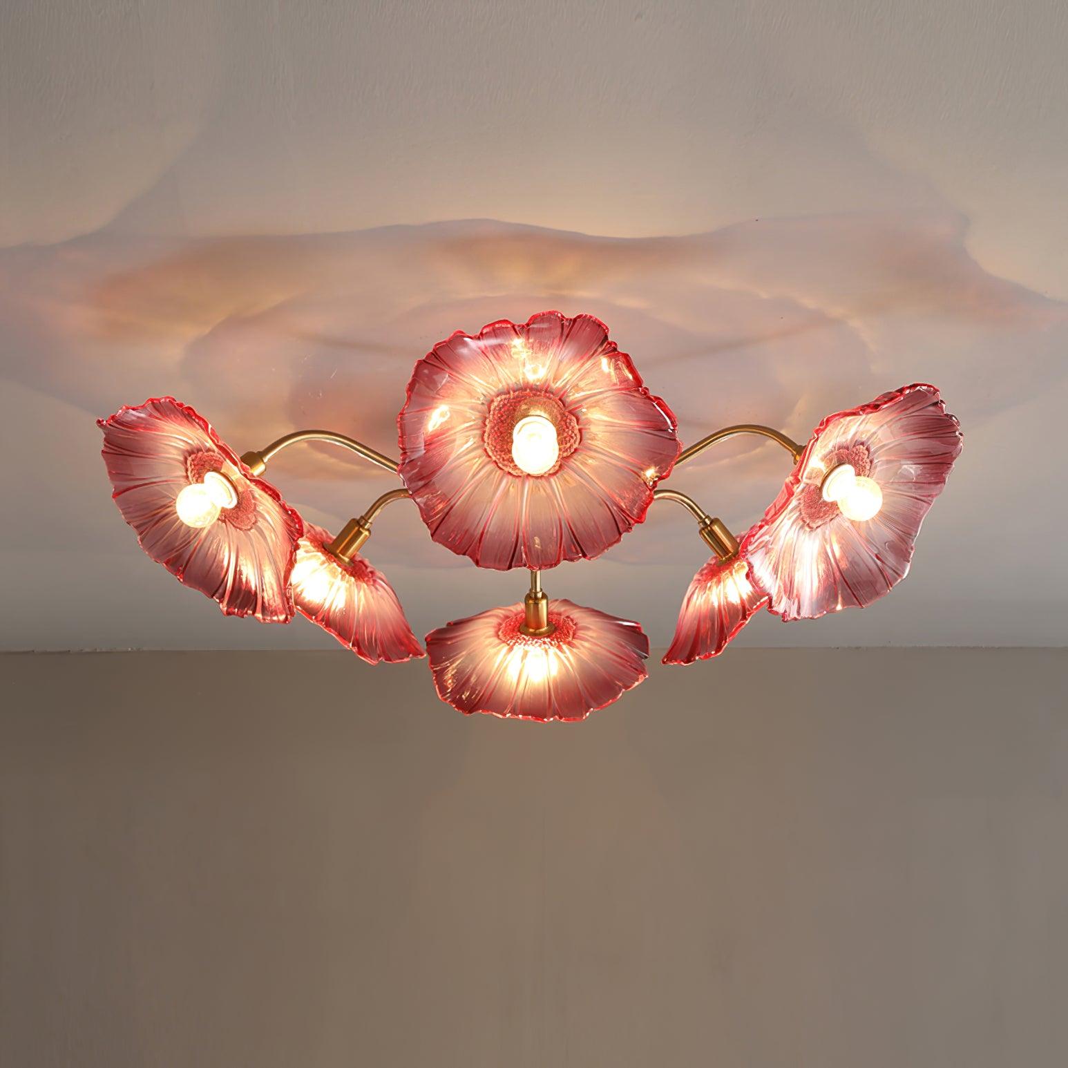 Glazen Plafondlamp met Bladmotief – 3, 5 of 6 Lichtpunten – Gouden Armatuur met Helder of Roze Matglas | Sansoti
