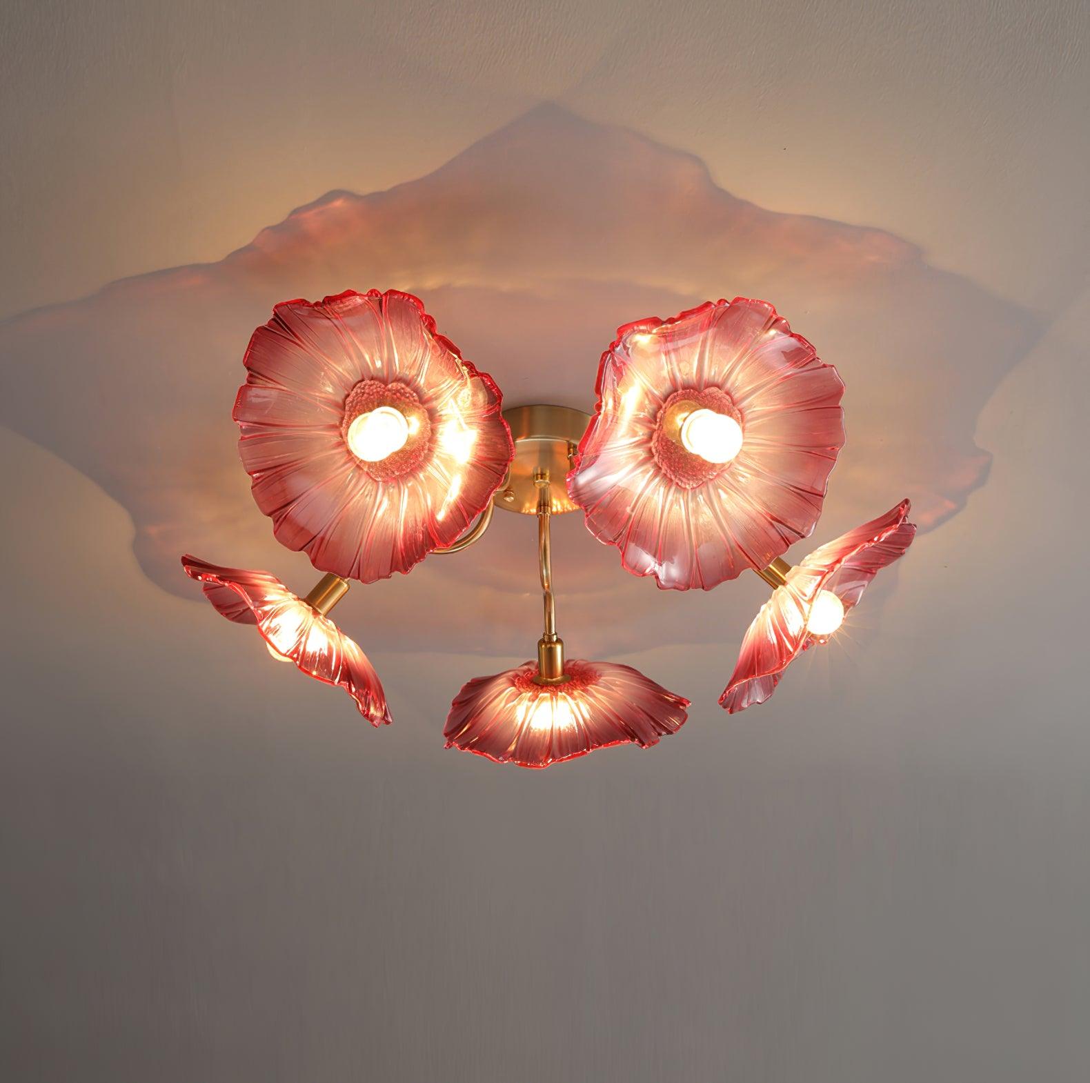 Glazen Plafondlamp met Bladmotief – 3, 5 of 6 Lichtpunten – Gouden Armatuur met Helder of Roze Matglas | Sansoti