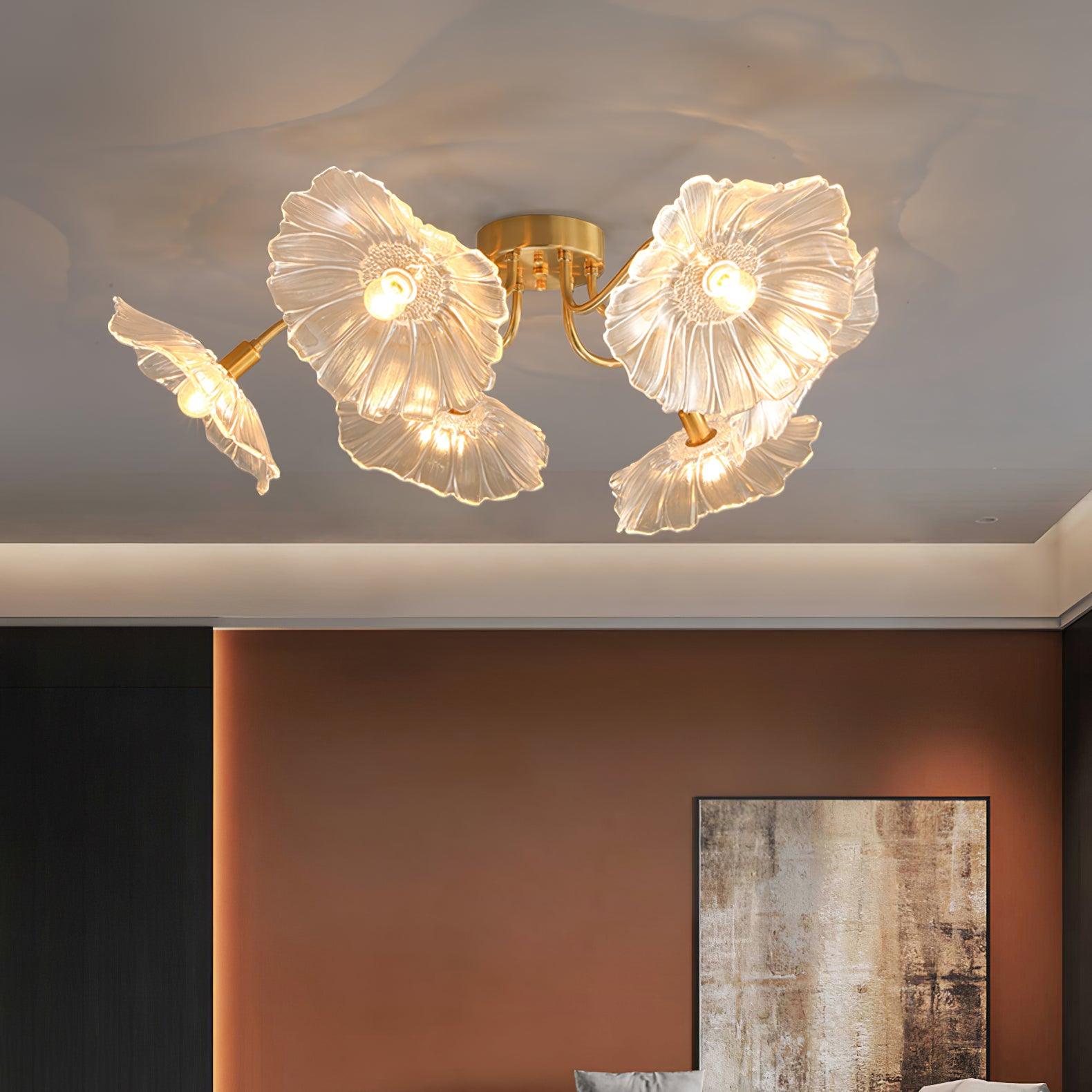 Glazen Plafondlamp met Bladmotief – 3, 5 of 6 Lichtpunten – Gouden Armatuur met Helder of Roze Matglas | Sansoti