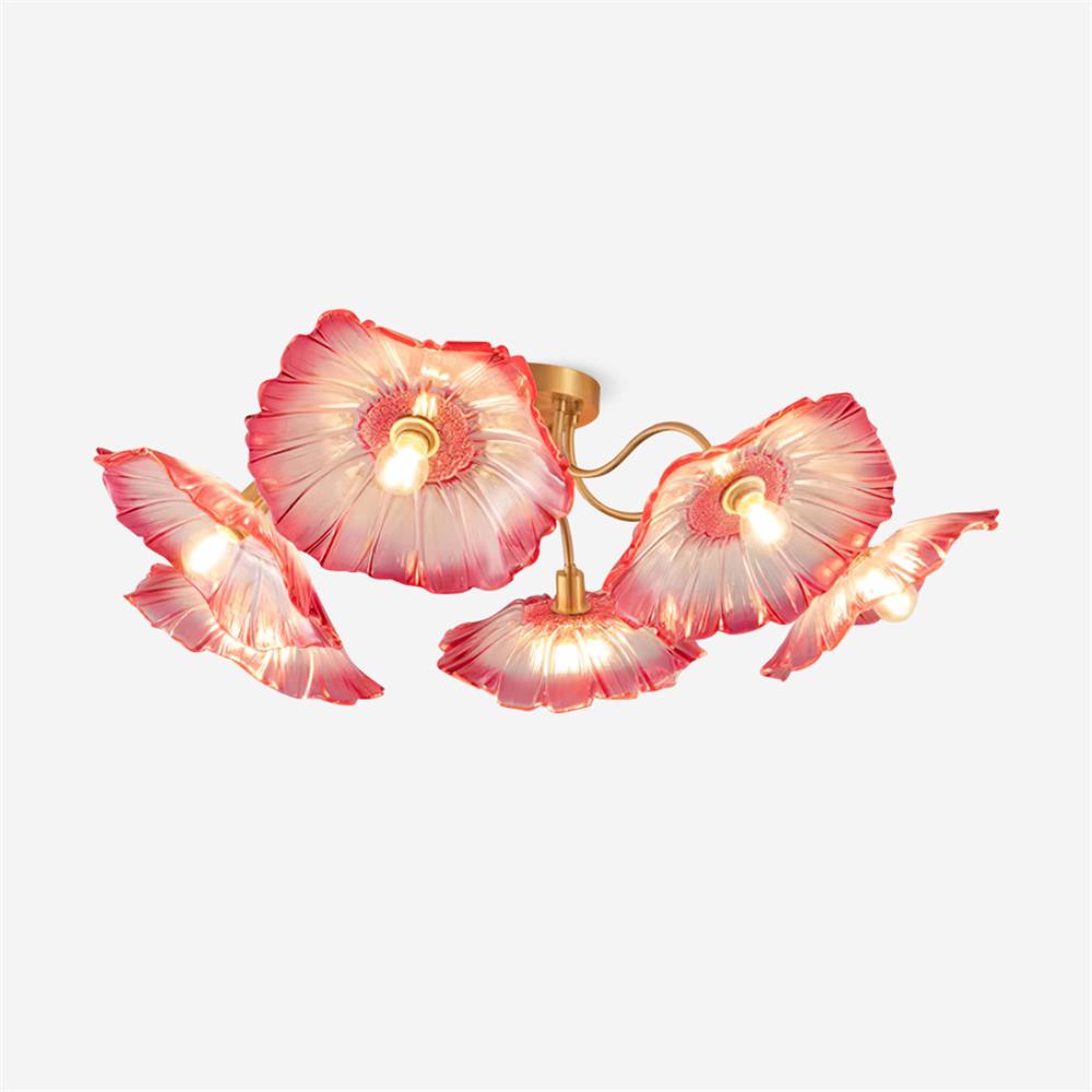 Glazen Plafondlamp met Bladmotief – 3, 5 of 6 Lichtpunten – Gouden Armatuur met Helder of Roze Matglas | Sansoti