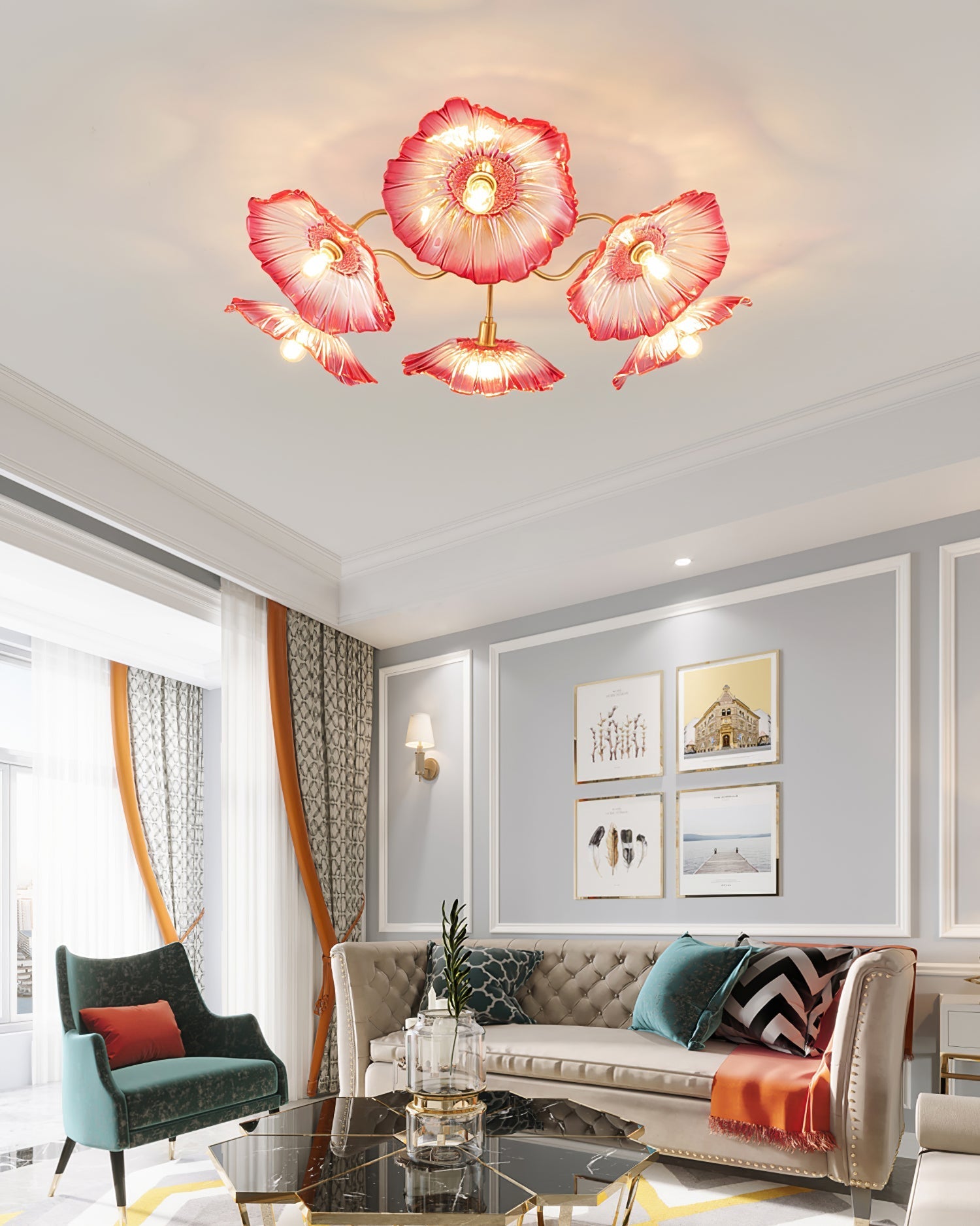 Glazen Plafondlamp met Bladmotief – 3, 5 of 6 Lichtpunten – Gouden Armatuur met Helder of Roze Matglas | Sansoti