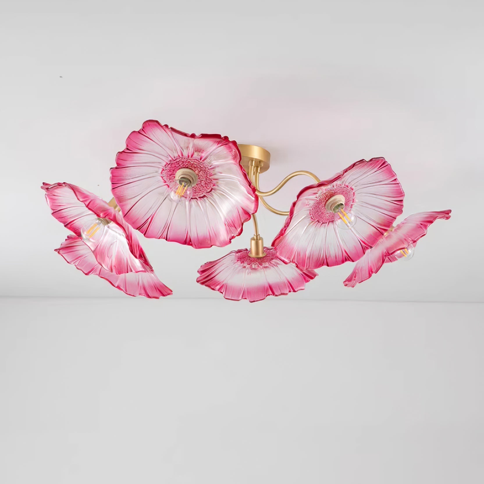Glazen Plafondlamp met Bladmotief – 3, 5 of 6 Lichtpunten – Gouden Armatuur met Helder of Roze Matglas | Sansoti