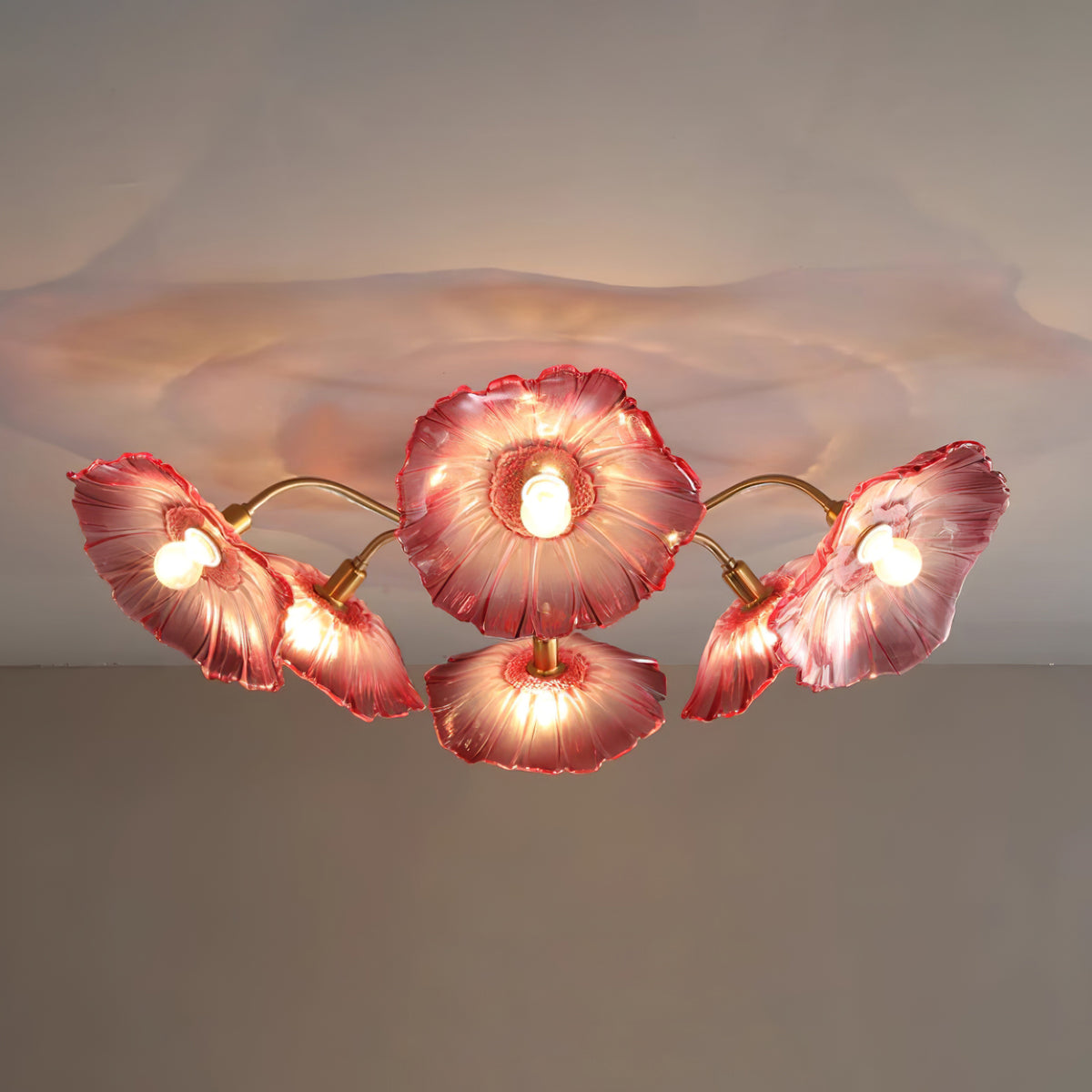 Glazen Plafondlamp met Bladmotief – 3, 5 of 6 Lichtpunten – Gouden Armatuur met Helder of Roze Matglas | Sansoti