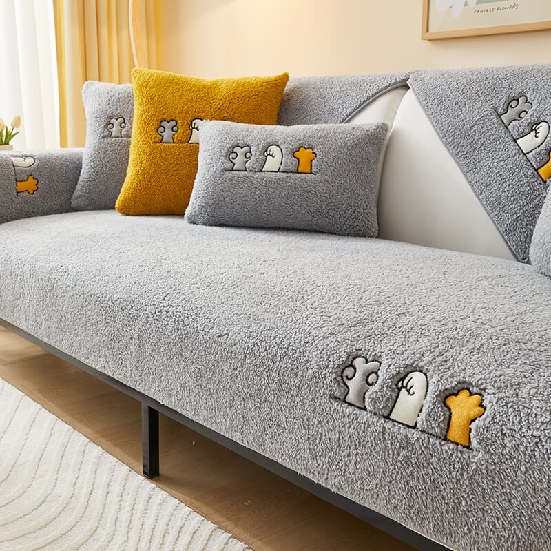 Sherpa Fleece Sofa Cover with Cat Paw Pattern Beige Gray Blue Pink Non-Slip Furniture Protector Sofa | Sansoti