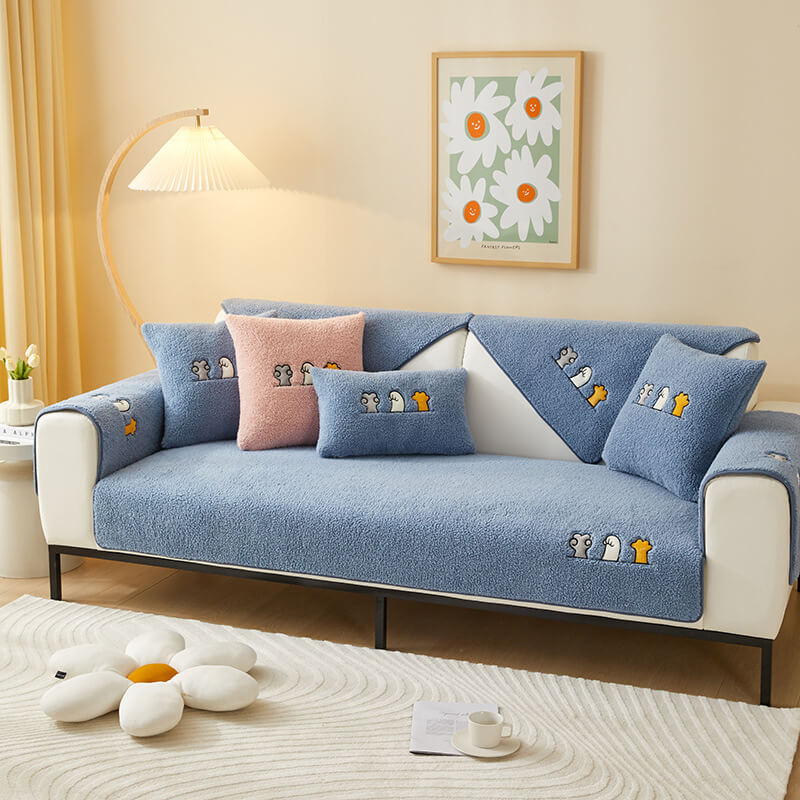 Sherpa Fleece Sofa Cover with Cat Paw Pattern Beige Gray Blue Pink Non-Slip Furniture Protector Sofa | Sansoti