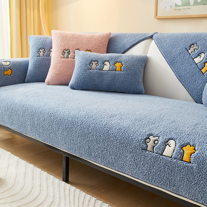Sherpa Fleece Sofa Cover with Cat Paw Pattern Beige Gray Blue Pink Non-Slip Furniture Protector Sofa | Sansoti