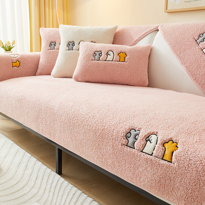 Sherpa Fleece Sofa Cover with Cat Paw Pattern Beige Gray Blue Pink Non-Slip Furniture Protector Sofa | Sansoti