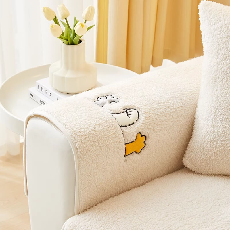 Sherpa Fleece Sofa Cover with Cat Paw Pattern Beige Gray Blue Pink Non-Slip Furniture Protector Sofa | Sansoti