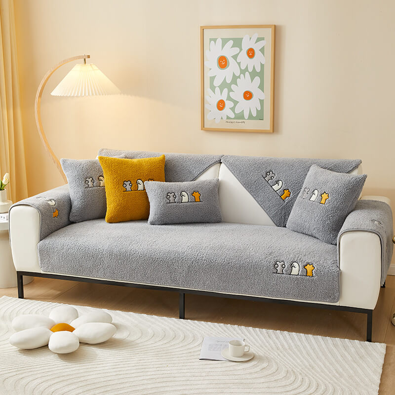 Sherpa Fleece Sofa Cover with Cat Paw Pattern Beige Gray Blue Pink Non-Slip Furniture Protector Sofa | Sansoti