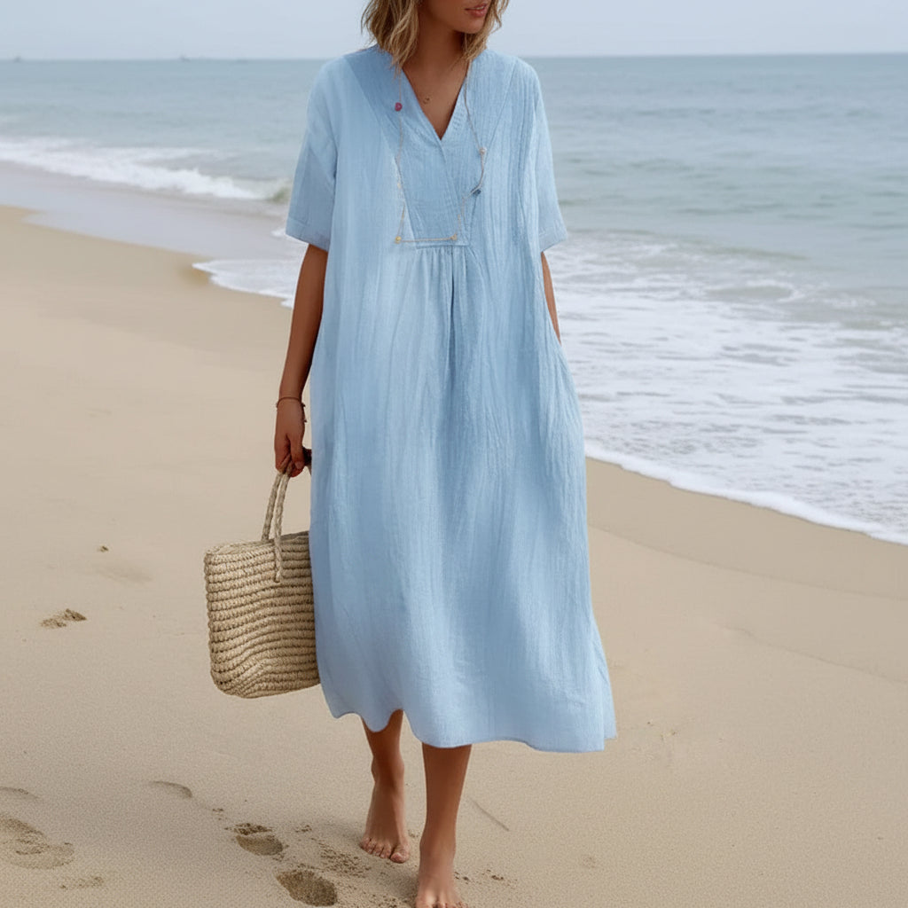 Zomerjurk voor Dames Luchtig A-Lijn Model V-hals Comfortabel Casual Vakantie Strandjurk Met Zakken | Sansoti