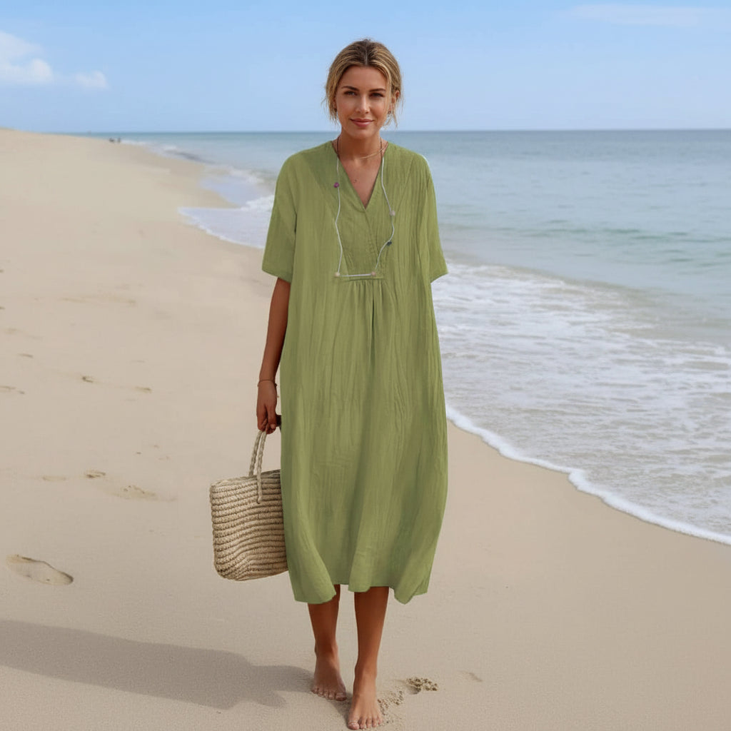 Zomerjurk voor Dames Luchtig A-Lijn Model V-hals Comfortabel Casual Vakantie Strandjurk Met Zakken | Sansoti