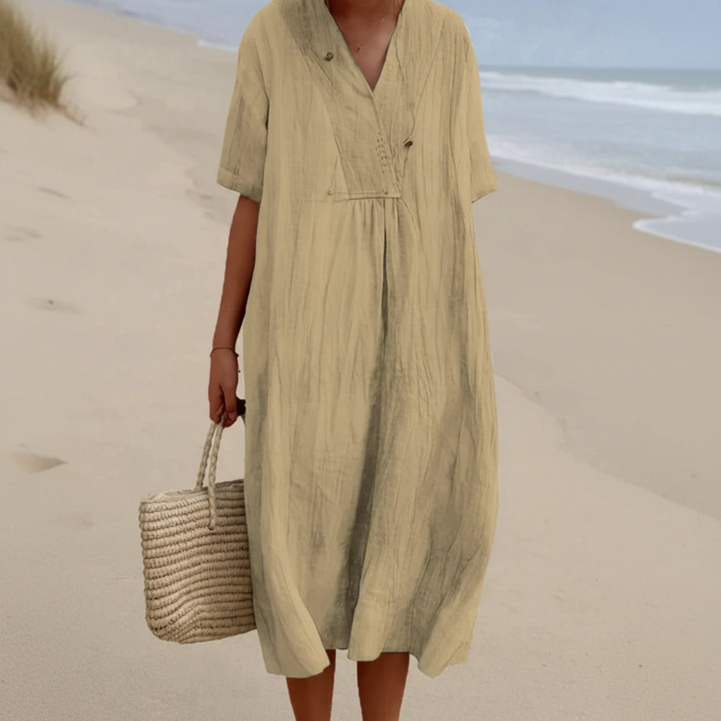 Zomerjurk voor Dames Luchtig A-Lijn Model V-hals Comfortabel Casual Vakantie Strandjurk Met Zakken | Sansoti
