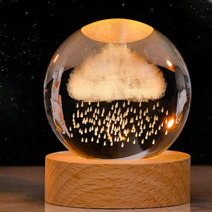 Glazen Bol met LED Verlichting 7cm Kosmos Ontwerp Decoratieve Nachtlamp Houten Standaard USB Sfeerlamp | Sansoti
