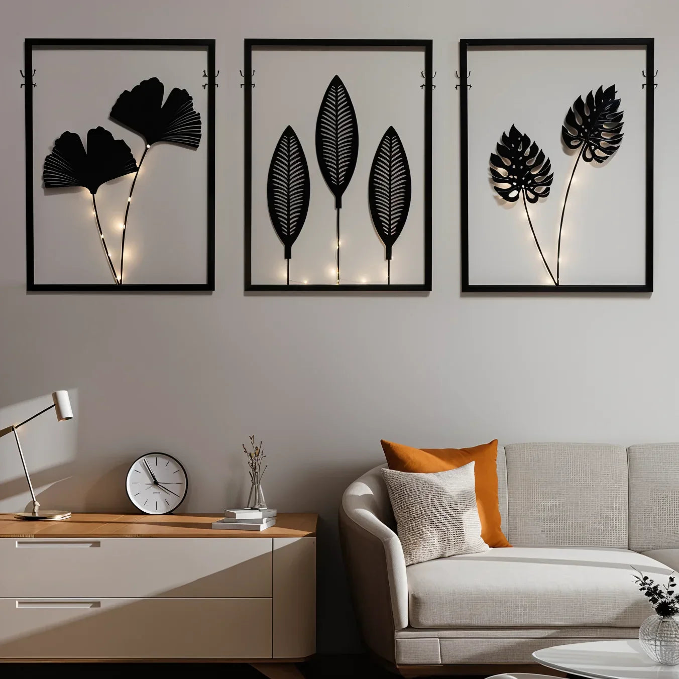 Illuminated LED Photo Frames with Artificial Plant (3 Pieces) Mood Lighting Black Metal | Sansoti