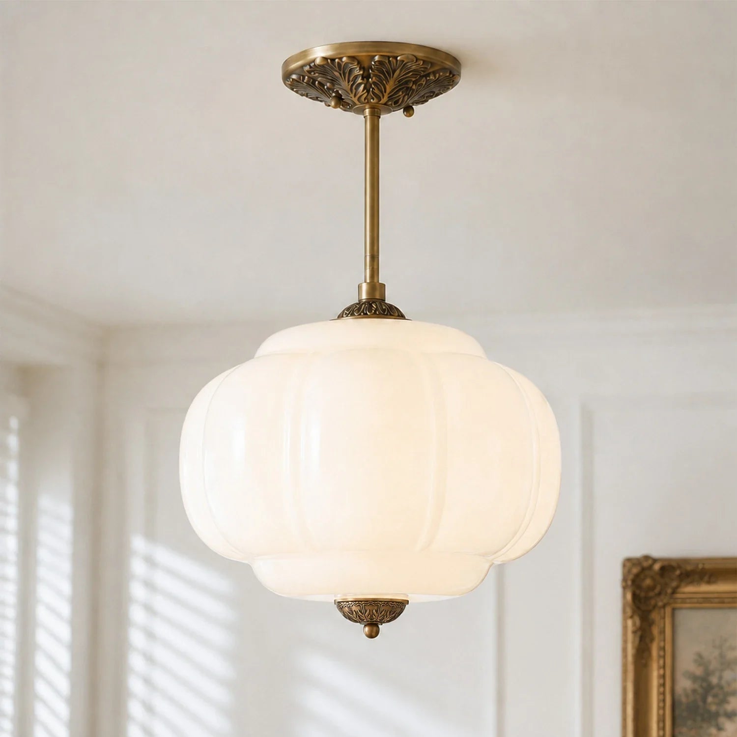 Antique Brass Plafondlamp met Groen Glas Pompoendesign - Elegante Hanglamp voor Eetkamer Keukeneiland Slaapkamer | Sansoti