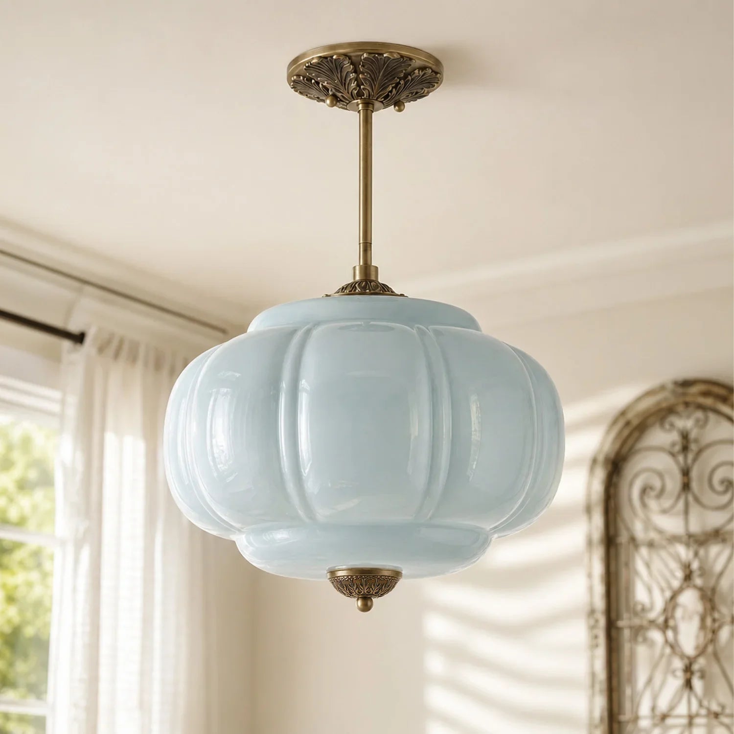Antique Brass Plafondlamp met Groen Glas Pompoendesign - Elegante Hanglamp voor Eetkamer Keukeneiland Slaapkamer | Sansoti