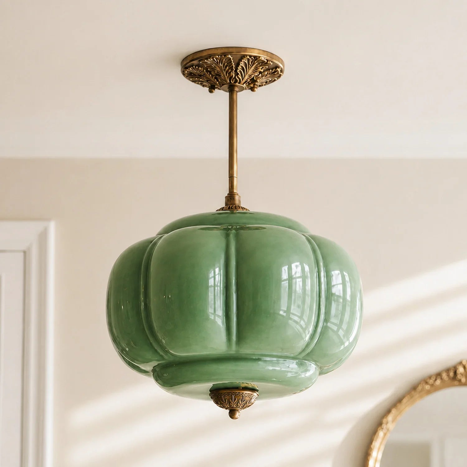 Antique Brass Plafondlamp met Groen Glas Pompoendesign - Elegante Hanglamp voor Eetkamer Keukeneiland Slaapkamer | Sansoti