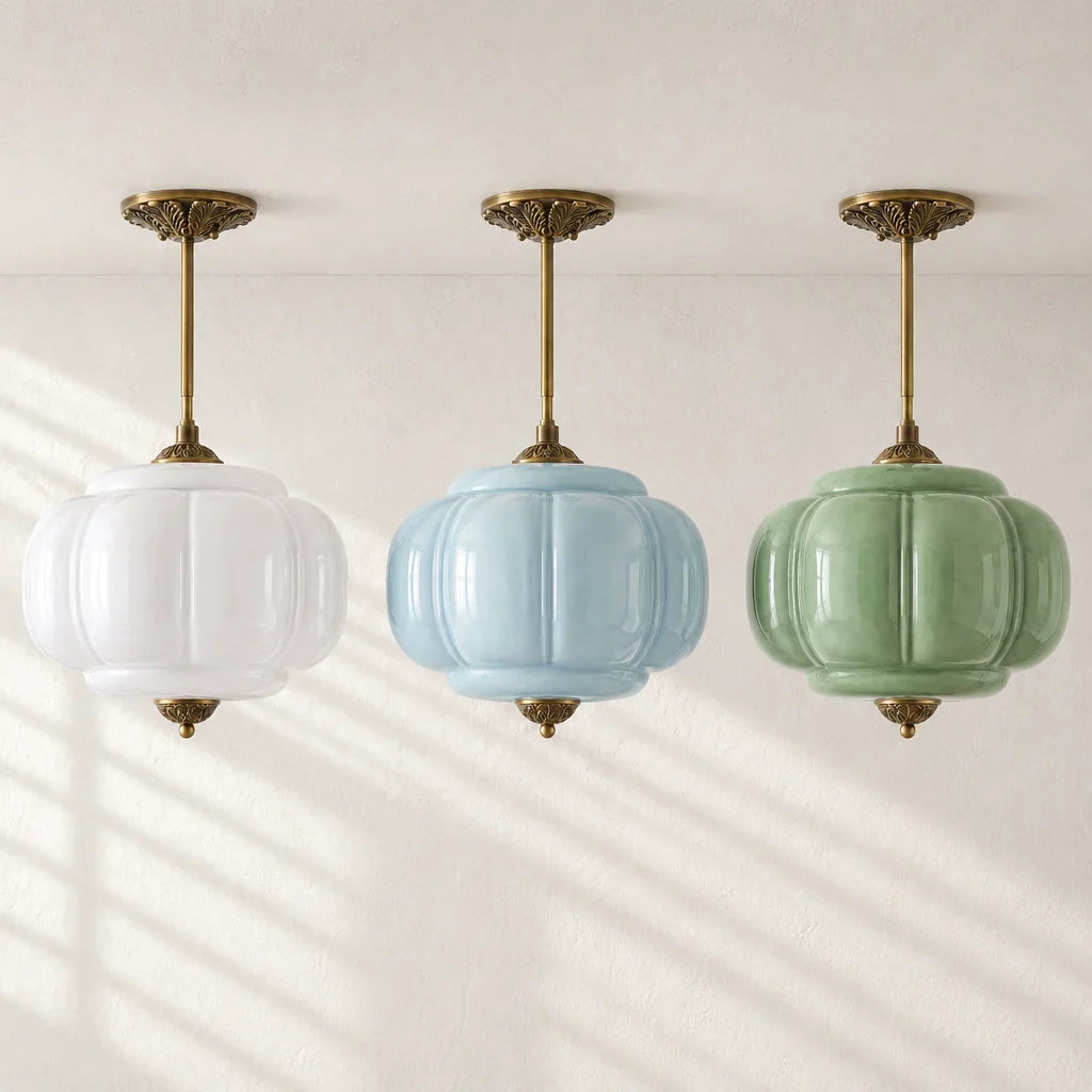 Antique Brass Plafondlamp met Groen Glas Pompoendesign - Elegante Hanglamp voor Eetkamer Keukeneiland Slaapkamer | Sansoti