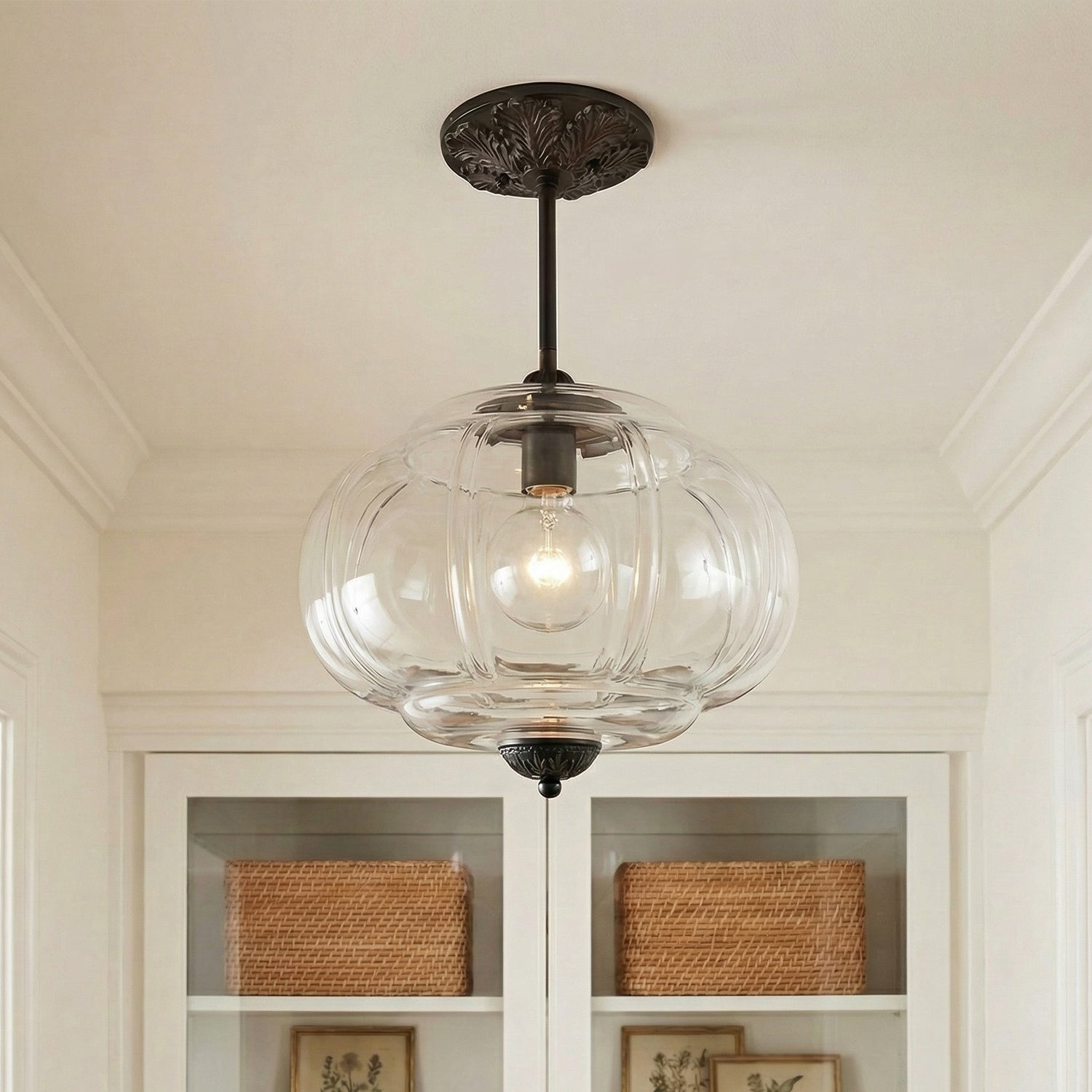 Antique Brass Plafondlamp met Groen Glas Pompoendesign - Elegante Hanglamp voor Eetkamer Keukeneiland Slaapkamer | Sansoti