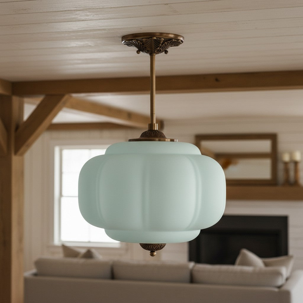 Antique Brass Plafondlamp met Groen Glas Pompoendesign - Elegante Hanglamp voor Eetkamer Keukeneiland Slaapkamer | Sansoti