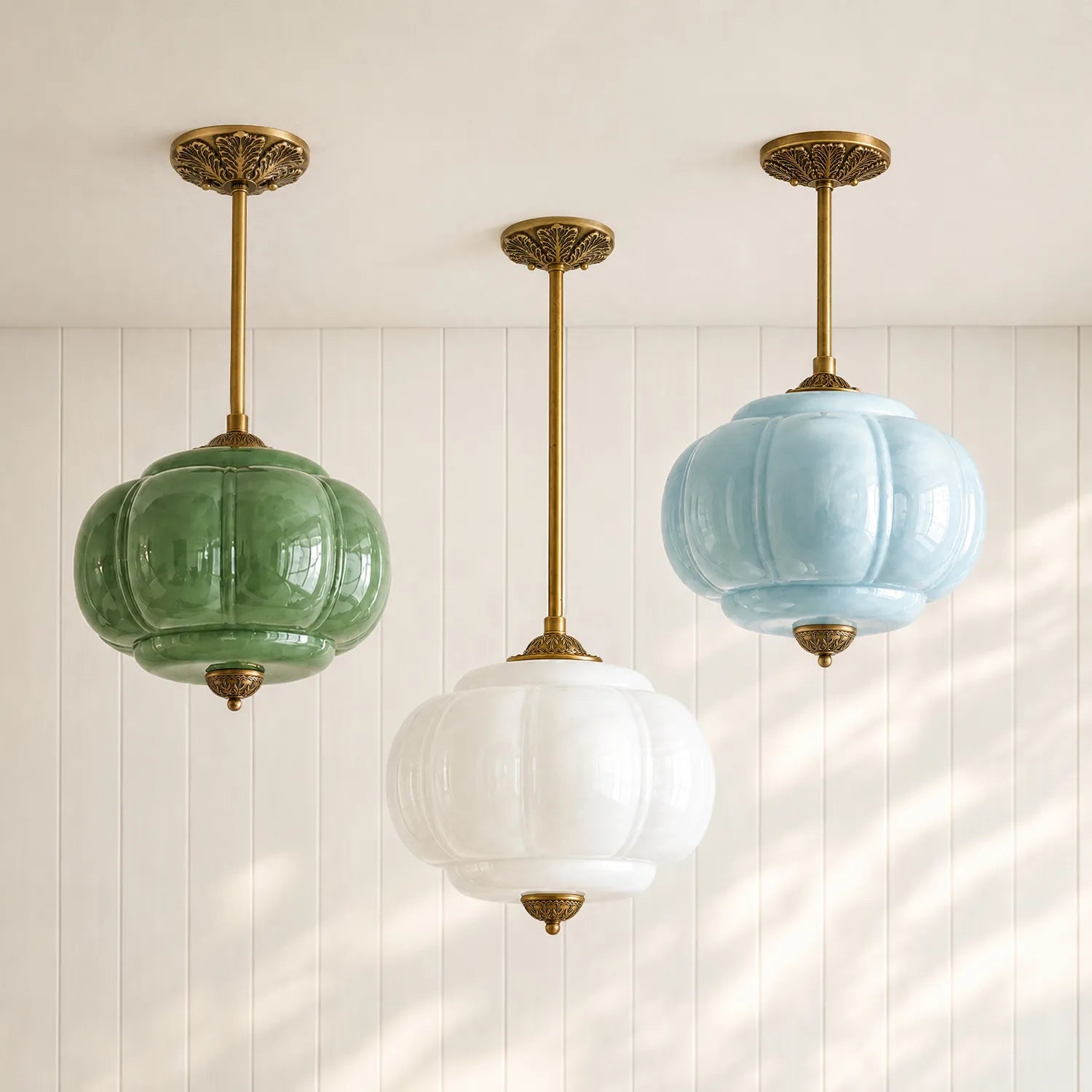 Antique Brass Plafondlamp met Groen Glas Pompoendesign - Elegante Hanglamp voor Eetkamer Keukeneiland Slaapkamer | Sansoti
