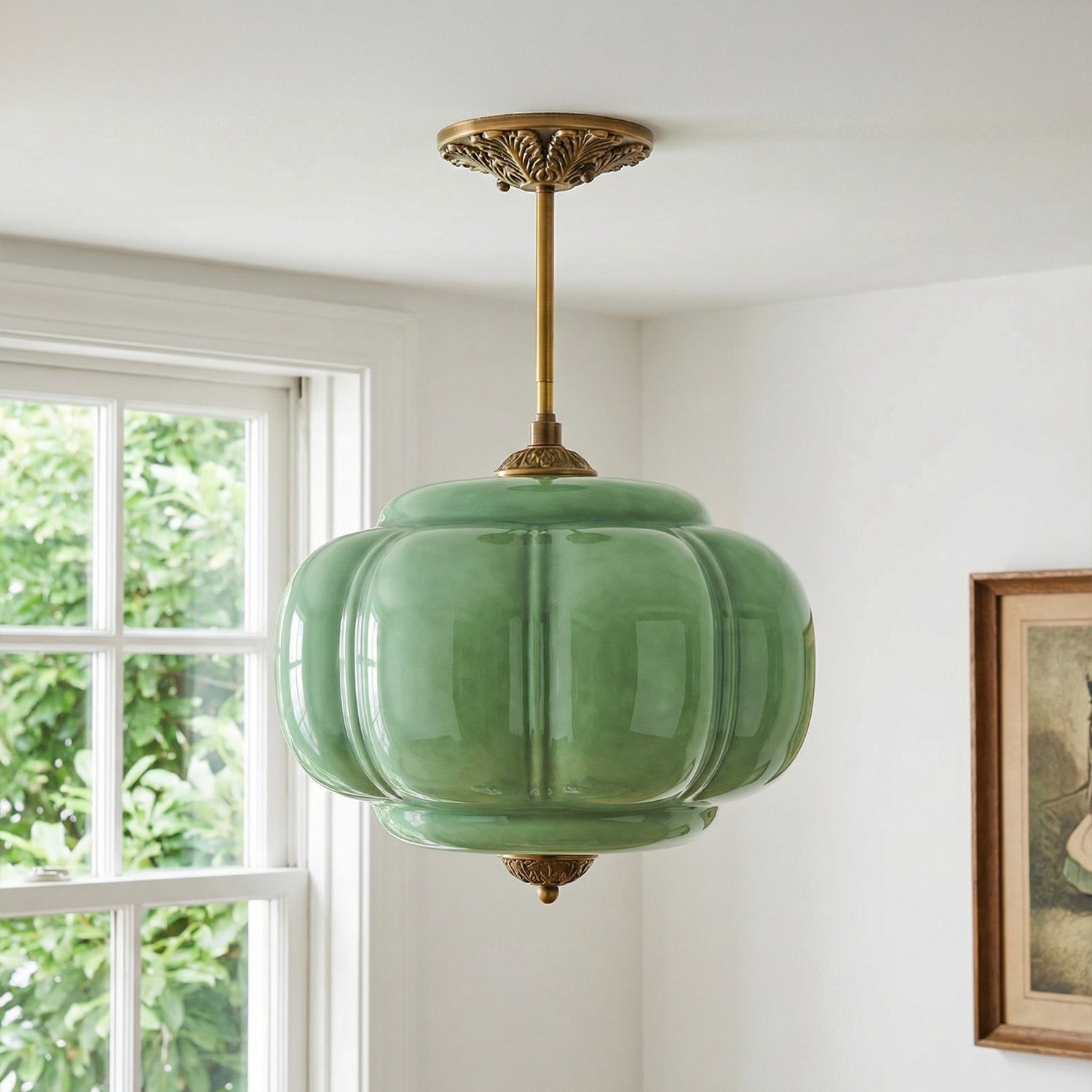 Antique Brass Plafondlamp met Groen Glas Pompoendesign - Elegante Hanglamp voor Eetkamer Keukeneiland Slaapkamer | Sansoti