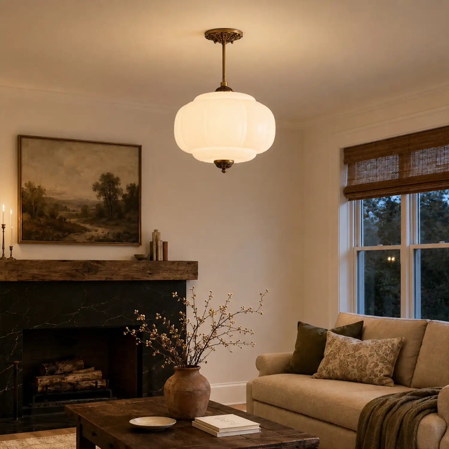 Antique Brass Plafondlamp met Groen Glas Pompoendesign - Elegante Hanglamp voor Eetkamer Keukeneiland Slaapkamer | Sansoti