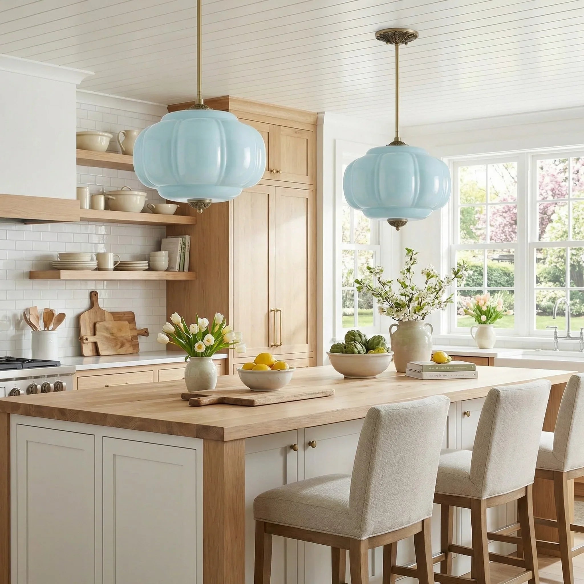 Antique Brass Plafondlamp met Groen Glas Pompoendesign - Elegante Hanglamp voor Eetkamer Keukeneiland Slaapkamer | Sansoti