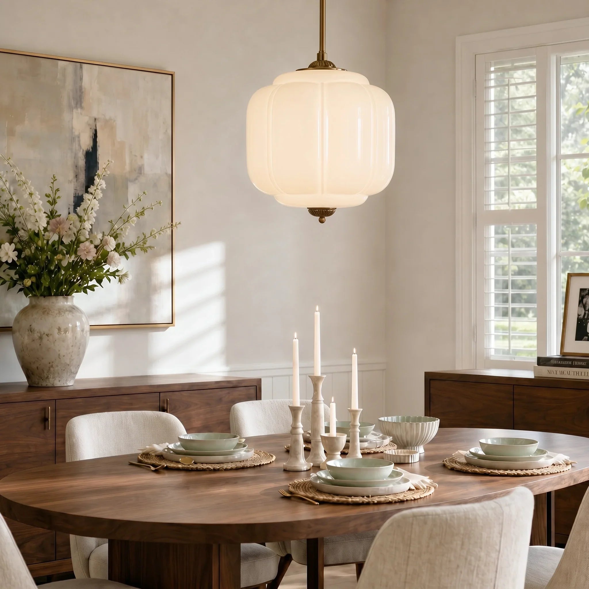 Vintage Melkglas Hanglamp met Messing Armatuur – Klassiek Retro Design voor Eetkamer, Hal & Leeshoek | Sansoti