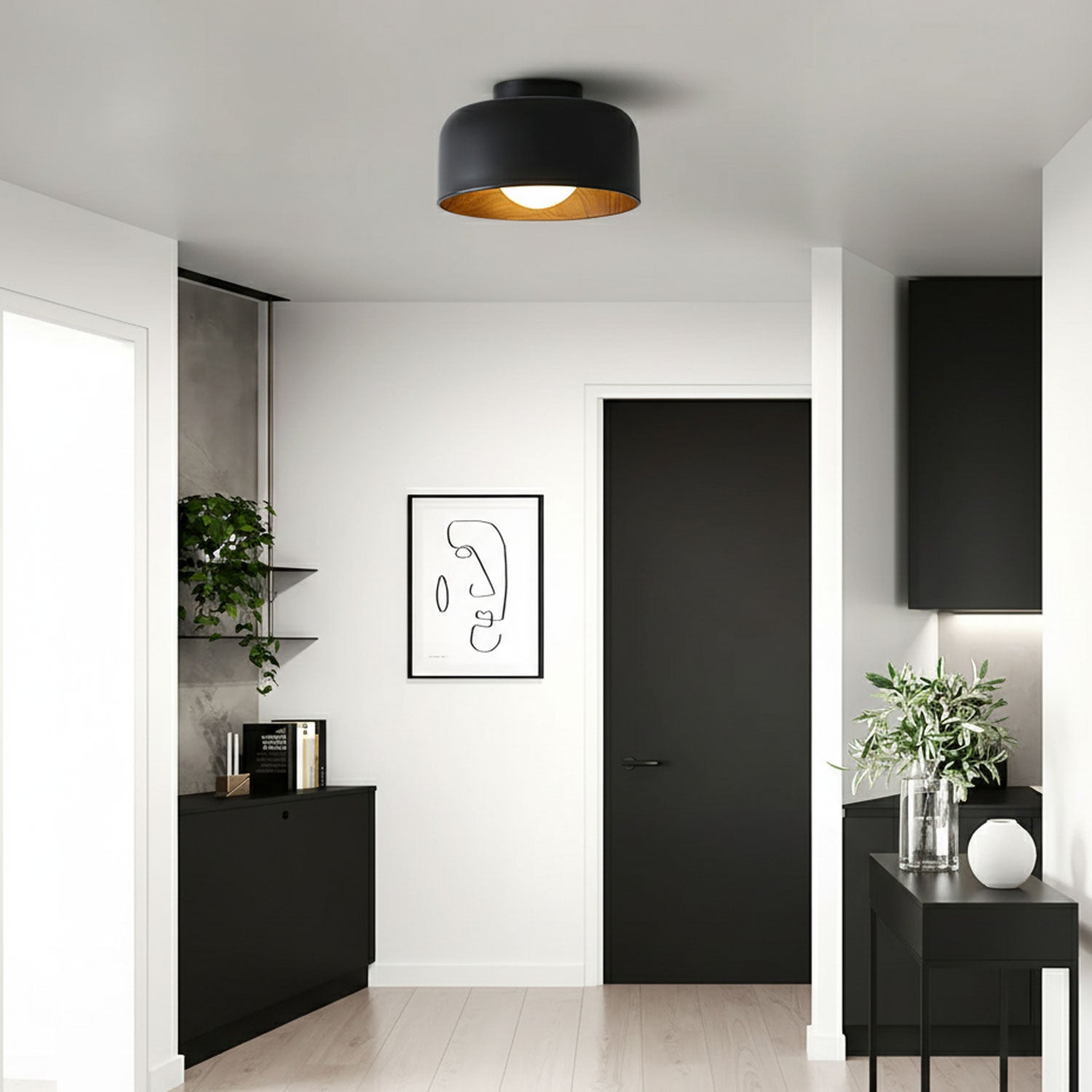 Ronde Plafondlamp met Houtnerf Interieur Glazen Bol ∅22 cm voor Hal Keuken Slaapkamer Wandmontage G9 Fitting | Sansoti