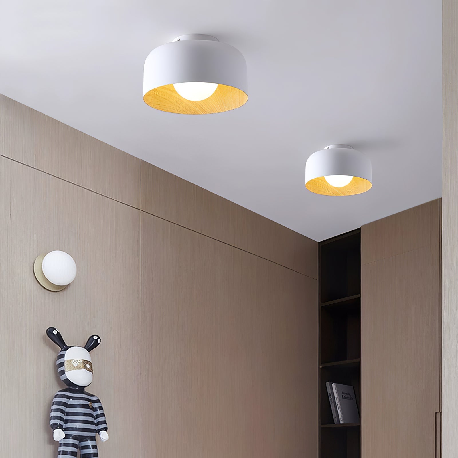 Ronde Plafondlamp met Houtnerf Interieur Glazen Bol ∅22 cm voor Hal Keuken Slaapkamer Wandmontage G9 Fitting | Sansoti