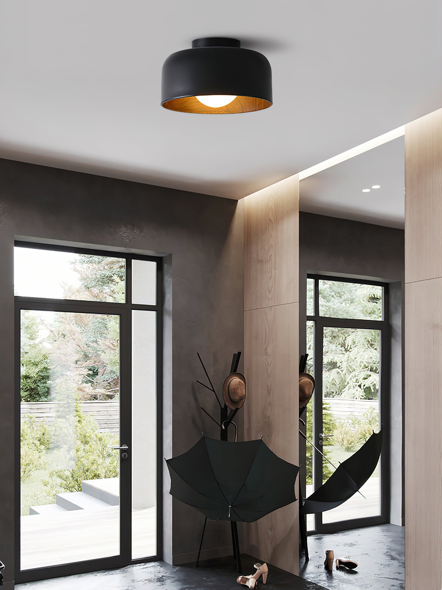 Ronde Plafondlamp met Houtnerf Interieur Glazen Bol ∅22 cm voor Hal Keuken Slaapkamer Wandmontage G9 Fitting | Sansoti