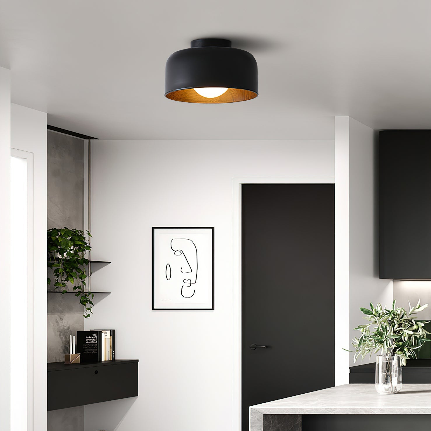 Ronde Plafondlamp met Houtnerf Interieur Glazen Bol ∅22 cm voor Hal Keuken Slaapkamer Wandmontage G9 Fitting | Sansoti