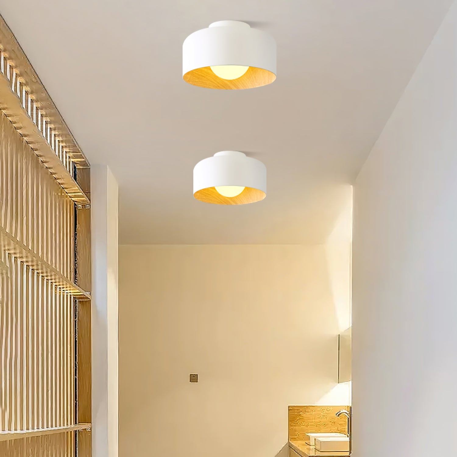 Ronde Plafondlamp met Houtnerf Interieur Glazen Bol ∅22 cm voor Hal Keuken Slaapkamer Wandmontage G9 Fitting | Sansoti