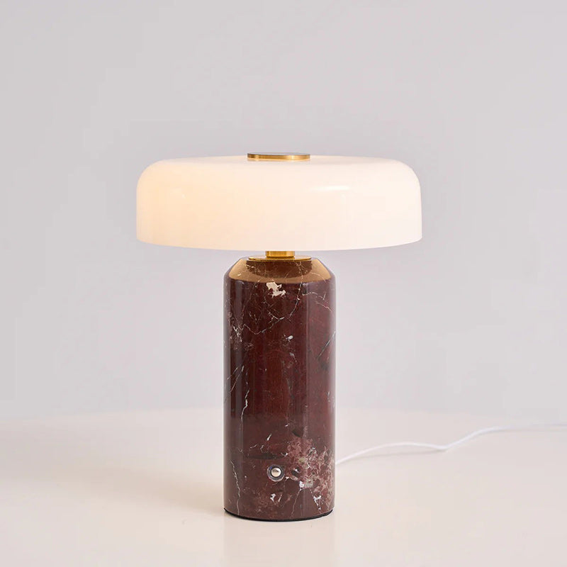 Marmeren Tafellamp met Oplaadbare Batterij – Opaline Glazen Bol & Espresso Marmeren Voet – Touch Dimbaar | Sansoti