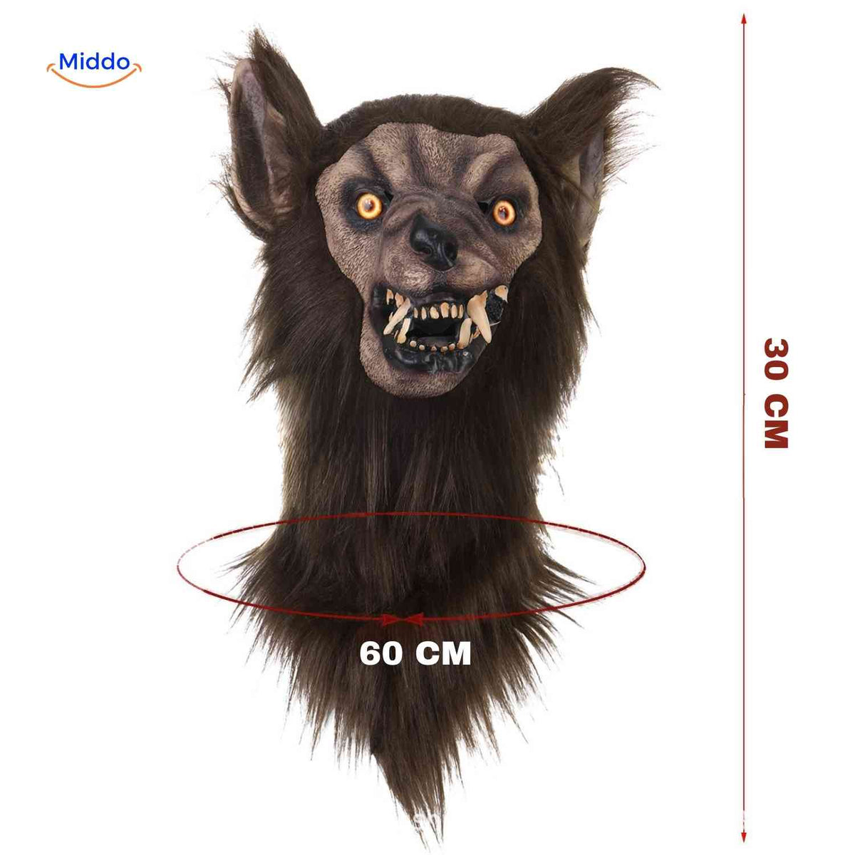 Leuchtende Wolfsmaske 60cm Latex Braun Halloween-Cosplay Kostüm für Themenpartys für Erwachsene und Jugendliche | Sansoti