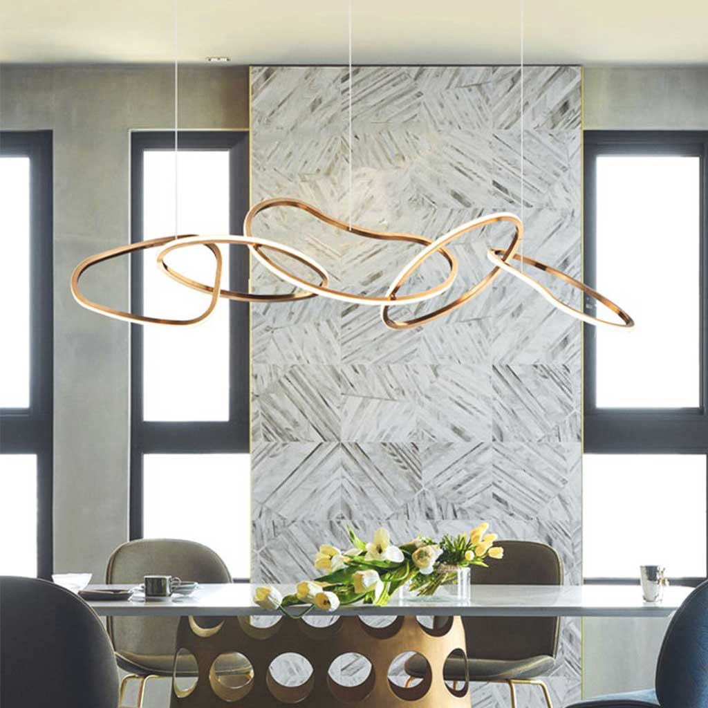 Ovaler goldener Kronleuchter aus Edelstahl, dimmbare LED, verstellbar, einstellbare Lichtfarbe, Esszimmer, Wohnzimmer, modernes Design | Sansoti