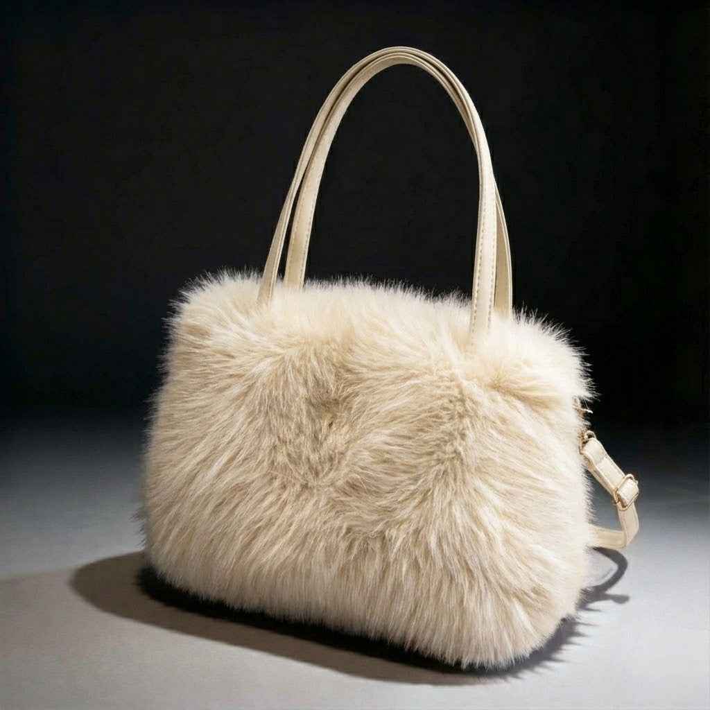 Plush Shoulder Bag Faux Fur Vegan Leather Handles Winter Everyday Tote Bag Women’s Statement Bag Fashion | Sansoti