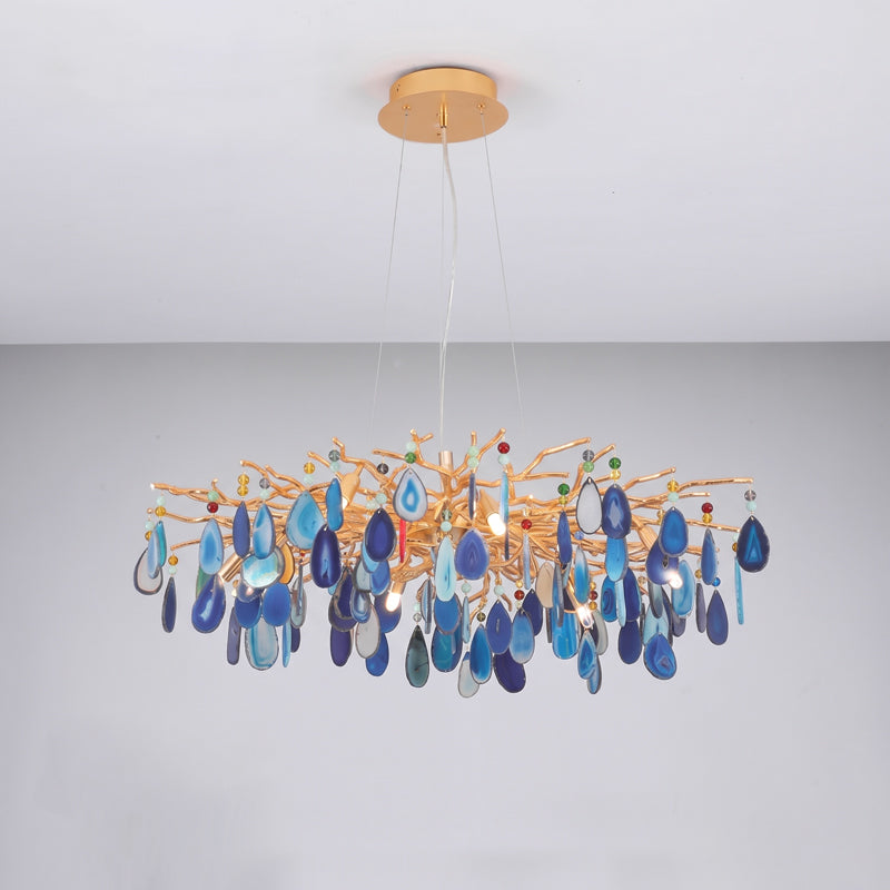 Natuursteen Agaat Kroonluchter met Vergulde Metalen Behuizing - Handgeslepen Schijven Warm Goudkleurige Afwerking 8 of 9 Lichtpunten Luxe Plafondverlichting Exclusief Statement-Piece | Sansoti