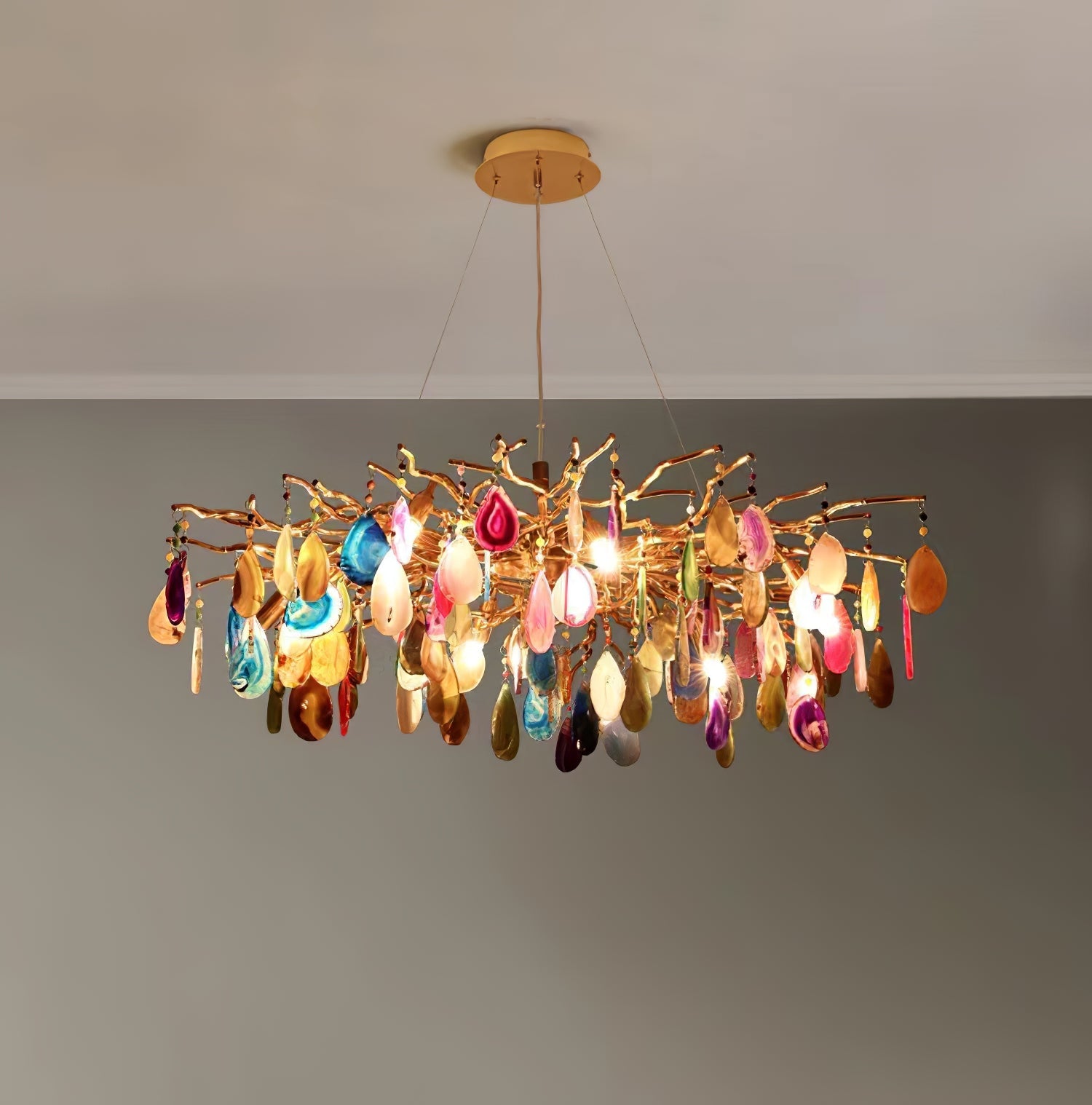 Natuursteen Agaat Kroonluchter met Vergulde Metalen Behuizing - Handgeslepen Schijven Warm Goudkleurige Afwerking 8 of 9 Lichtpunten Luxe Plafondverlichting Exclusief Statement-Piece | Sansoti