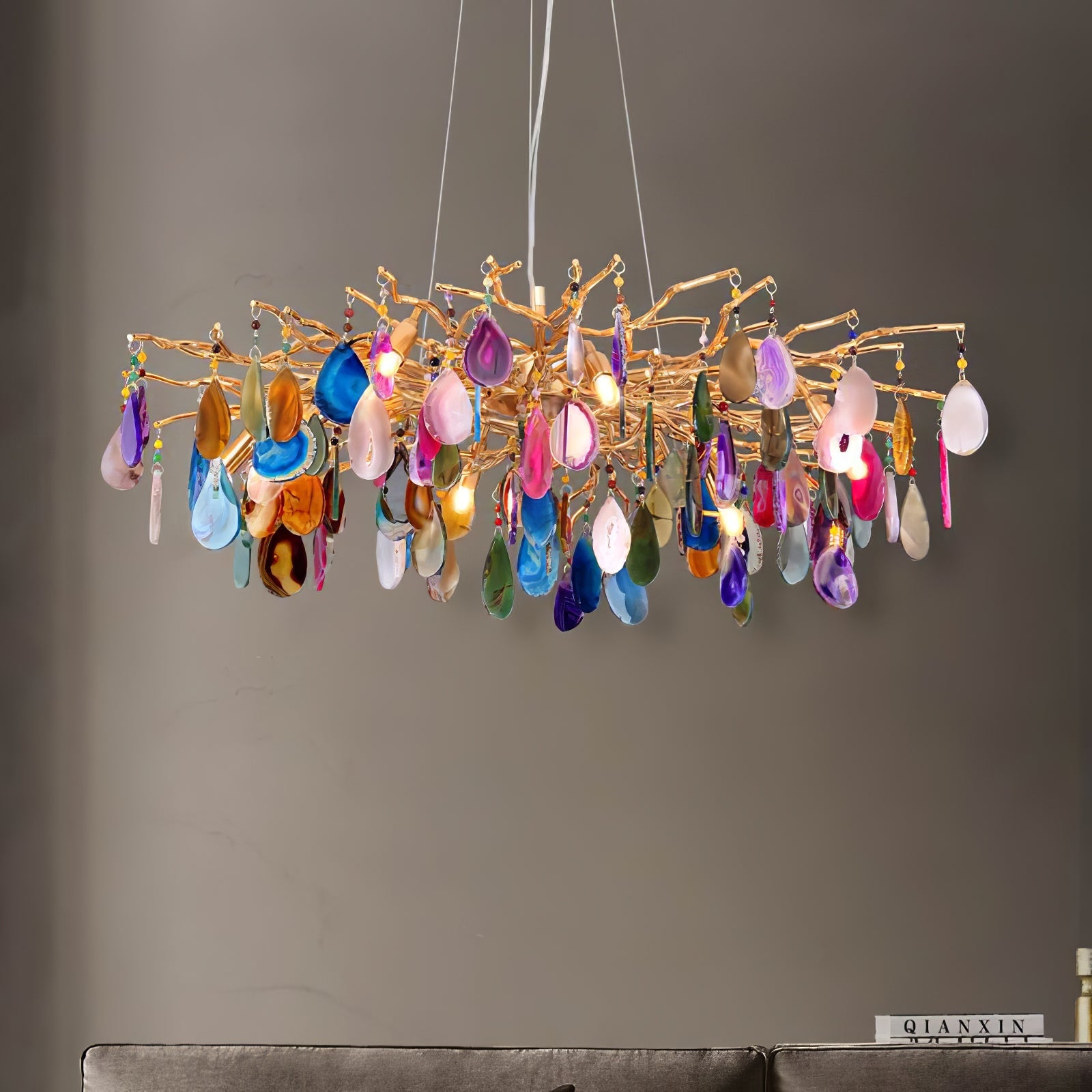 Natuursteen Agaat Kroonluchter met Vergulde Metalen Behuizing - Handgeslepen Schijven Warm Goudkleurige Afwerking 8 of 9 Lichtpunten Luxe Plafondverlichting Exclusief Statement-Piece | Sansoti