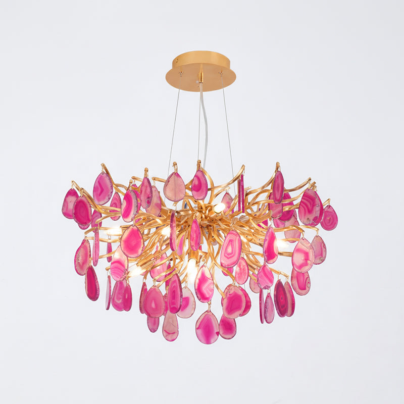 Natuursteen Agaat Kroonluchter met Vergulde Metalen Behuizing - Handgeslepen Schijven Warm Goudkleurige Afwerking 8 of 9 Lichtpunten Luxe Plafondverlichting Exclusief Statement-Piece | Sansoti
