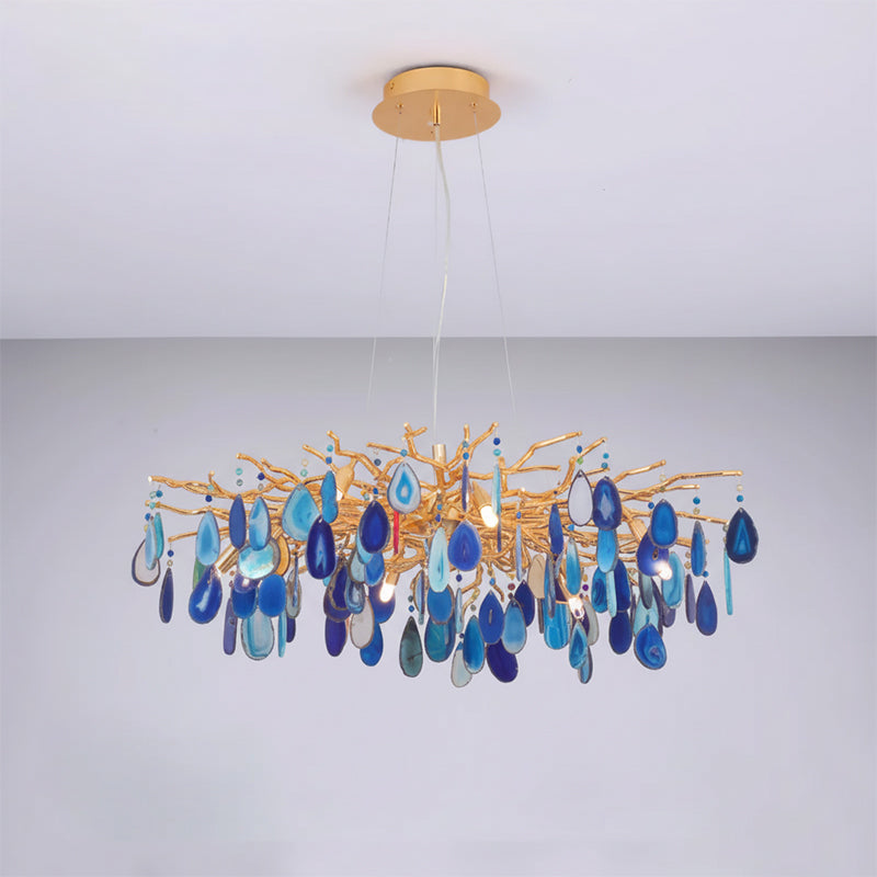 Natuursteen Agaat Kroonluchter met Vergulde Metalen Behuizing - Handgeslepen Schijven Warm Goudkleurige Afwerking 8 of 9 Lichtpunten Luxe Plafondverlichting Exclusief Statement-Piece | Sansoti